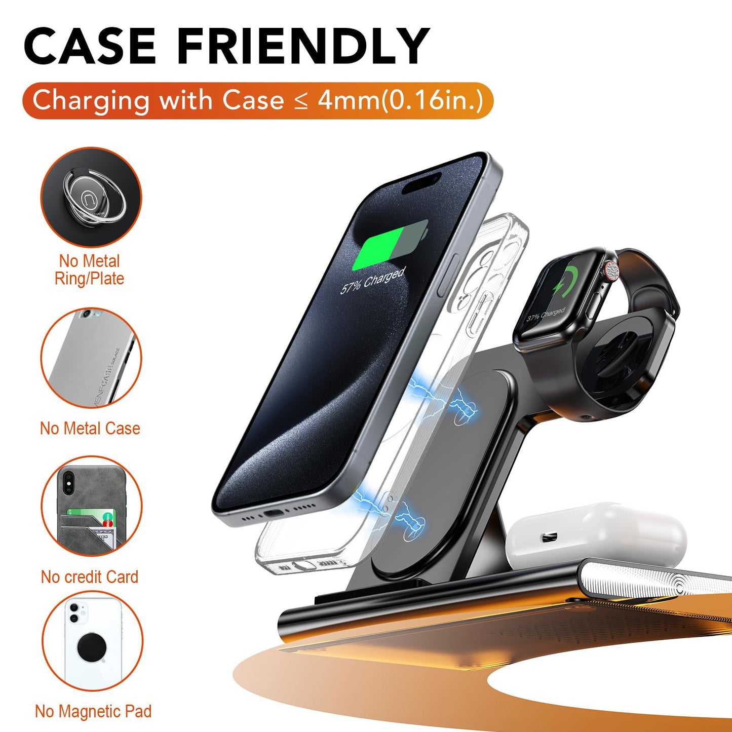 Wireless Charger Station, 4 In 1 Foldable 15W Fast Charging Wireless Charging Station With Night Light For IPods IWatch