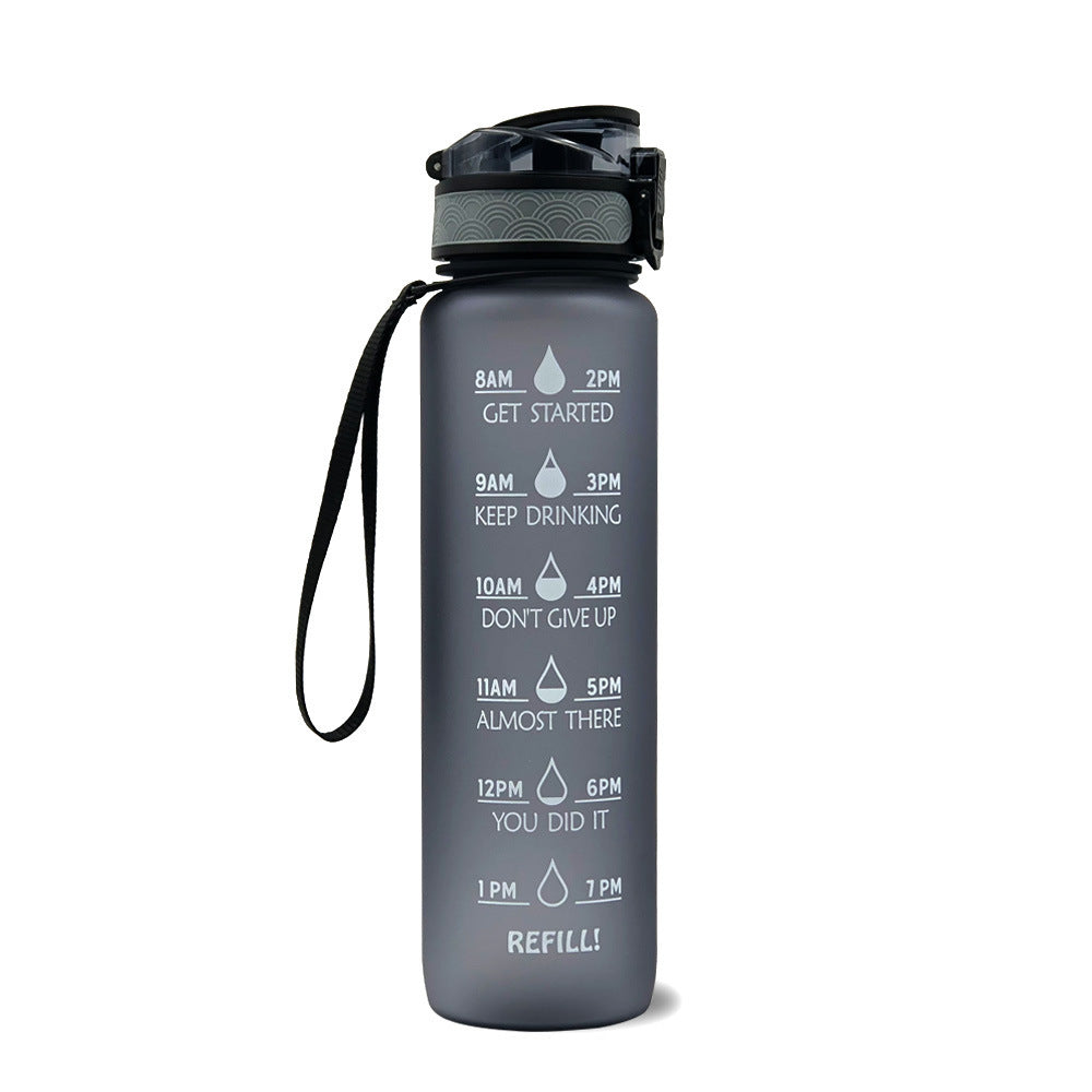 Gray water bottle with motivational time markers on a white background
