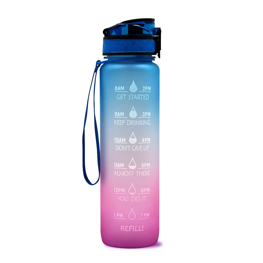 Gradient blue to pink water bottle with motivational time markers on a white background