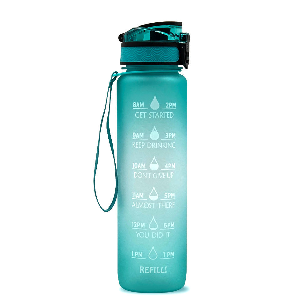 Teal water bottle with motivational点滴 design on a white background