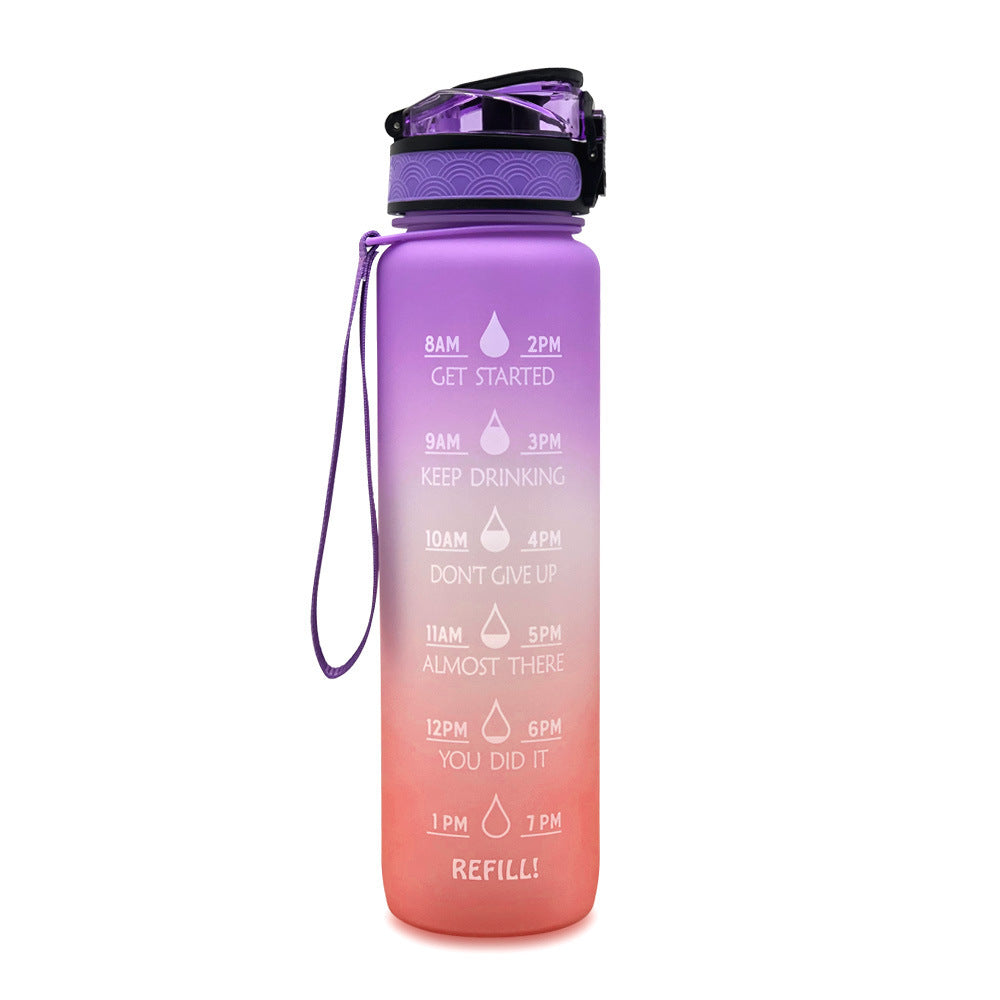 Gradient purple to pink water bottle with time markers on a white background