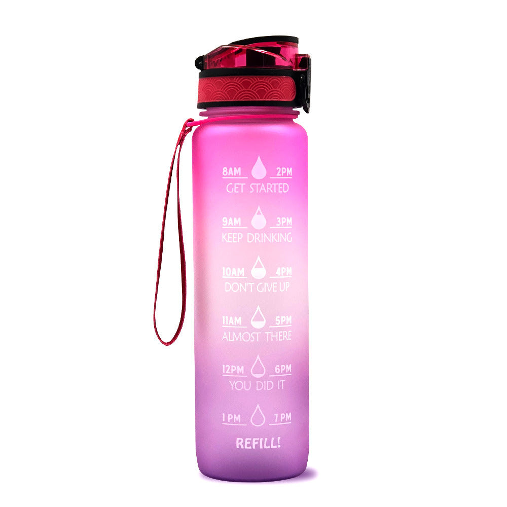 Pink water bottle with time markers and a black cap on a white background