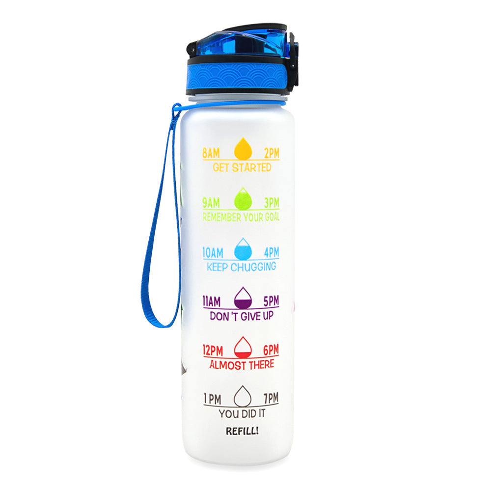 Motivational water bottle with time markers on a white background