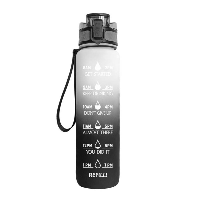 Motivational water bottle with time markers and a black strap on a white background