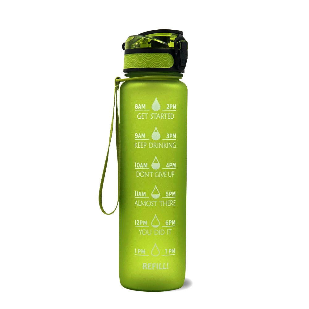 Green water bottle with motivational time markers on a white background