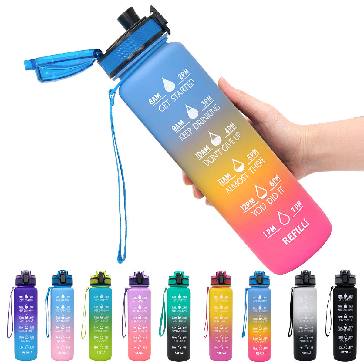 Gradient water bottle with motivational phrases and a hand holding it, surrounded by other gradient bottles.